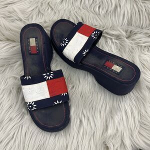 Tommy Hilfiger Women's Platform Slide Sandals Size 8.5 Chunky Y2K Flag Spellout